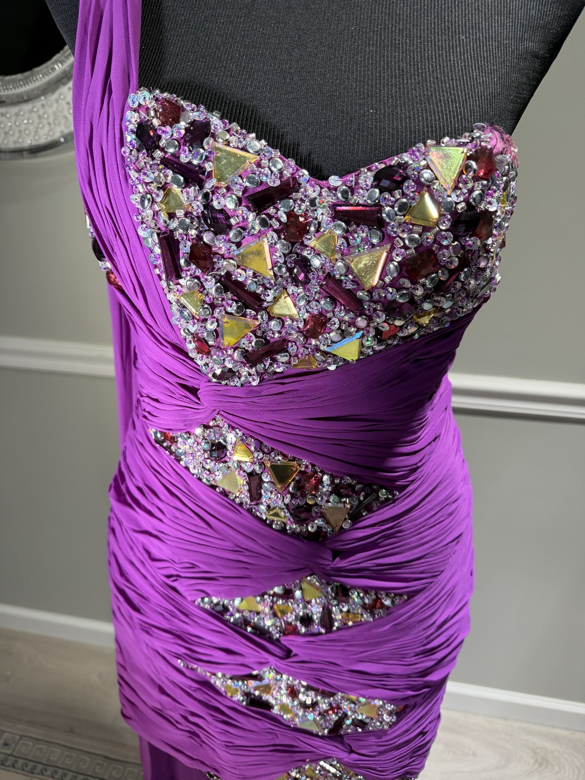Colors Dress Purple Crystal Beaded Ruched Formal Prom Gown Size 10