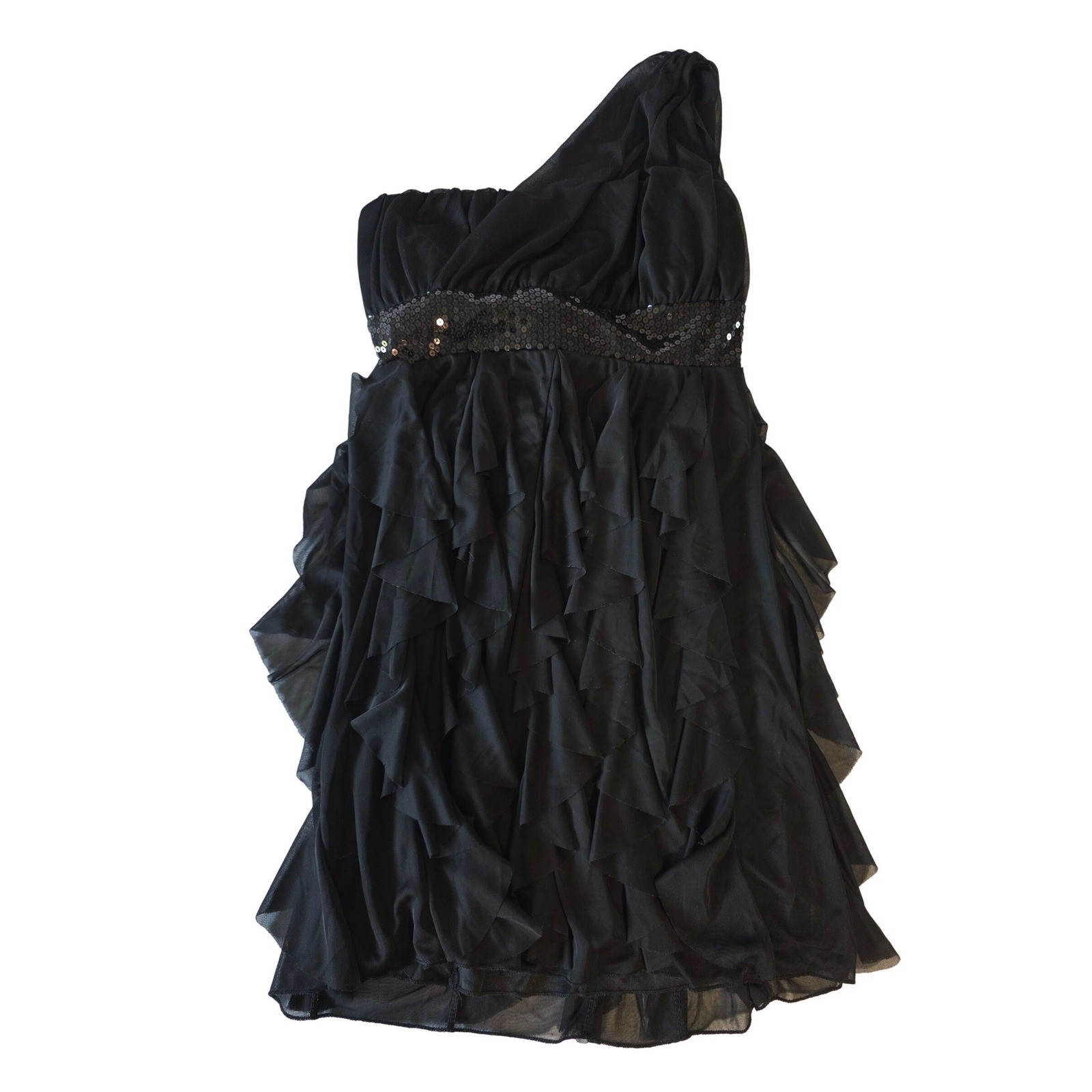 Deb One Shoulder Mini Dress Sequin Waist Ruffle Tiered L Black Cocktail Party