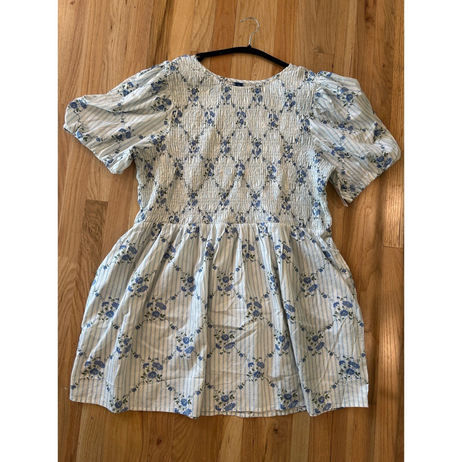 Old Navy XXL Blue White Striped Floral Smocked Puff Sleeve Mini Dress Pockets