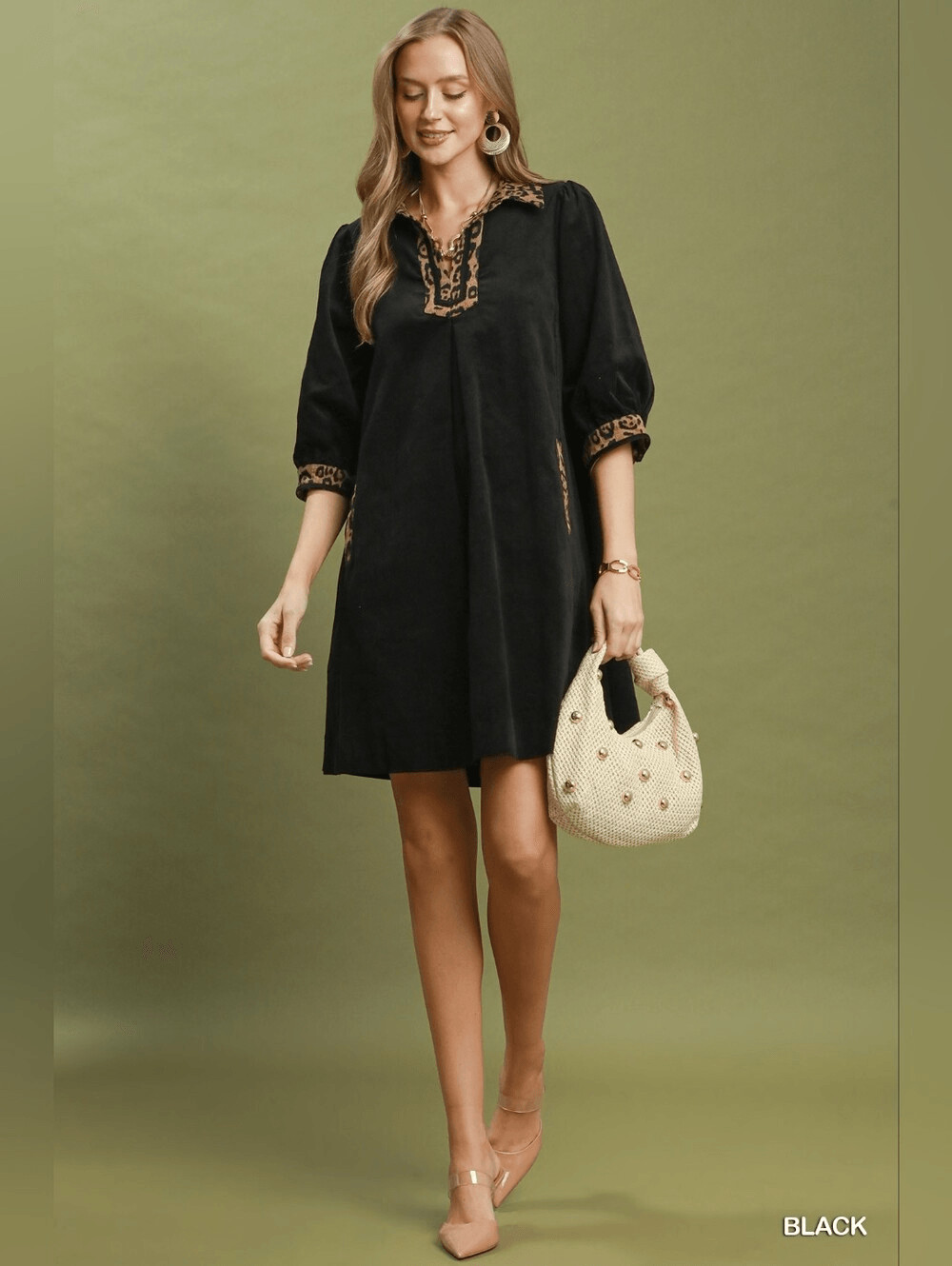 Umgee V-Neck Shift Dress with Contrast Leopard Trim V-Neck Puff Sleeve Dress Lar