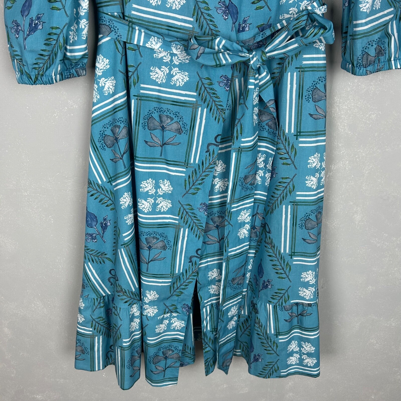 Brooke Wright size L Kitty midi wrap dress blue botanical floral linen cotton