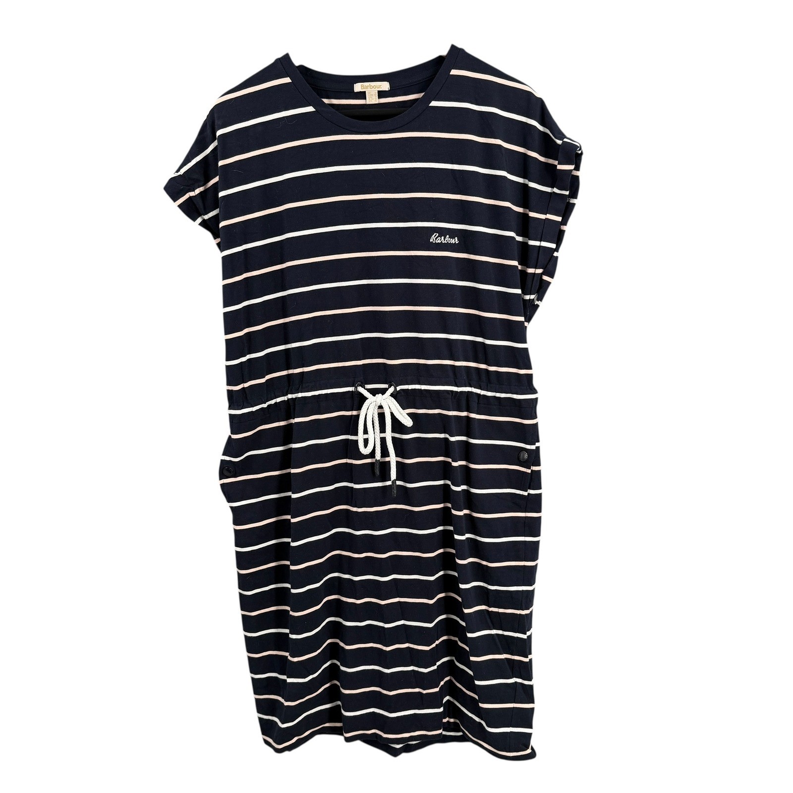 Barbour Marloes Stripe Dress Size 12 Navy Knit Drawstring Pockets Nautical