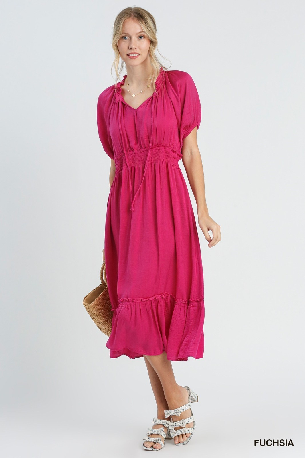Umgee Fushial Satin V-Neck Tie Front Maxi Dress with Short Sleeves