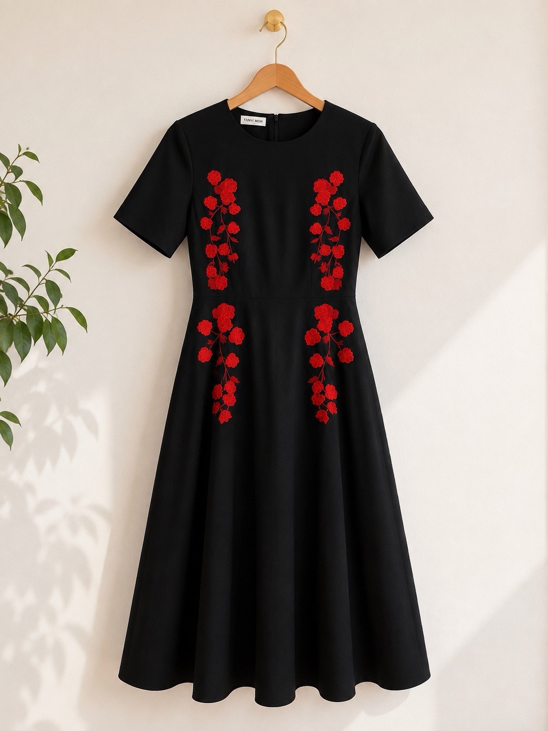 FANM MON Black Cotton Cherry Blossom Embroidery Short Sleeve Midi Dress NWT XS