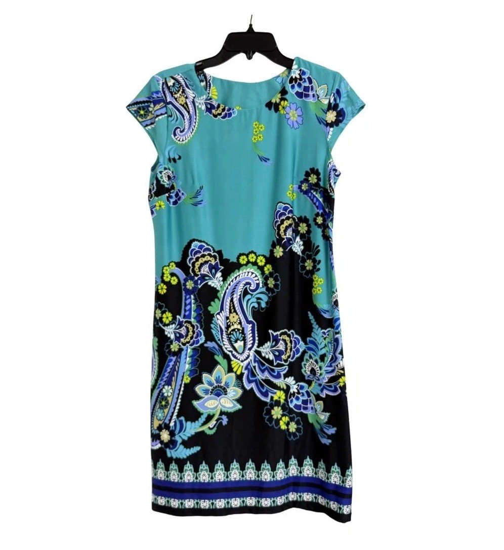Paisley Shift Dress Women M Teal Black Short Sleeve Stretch Jersey Travel Print