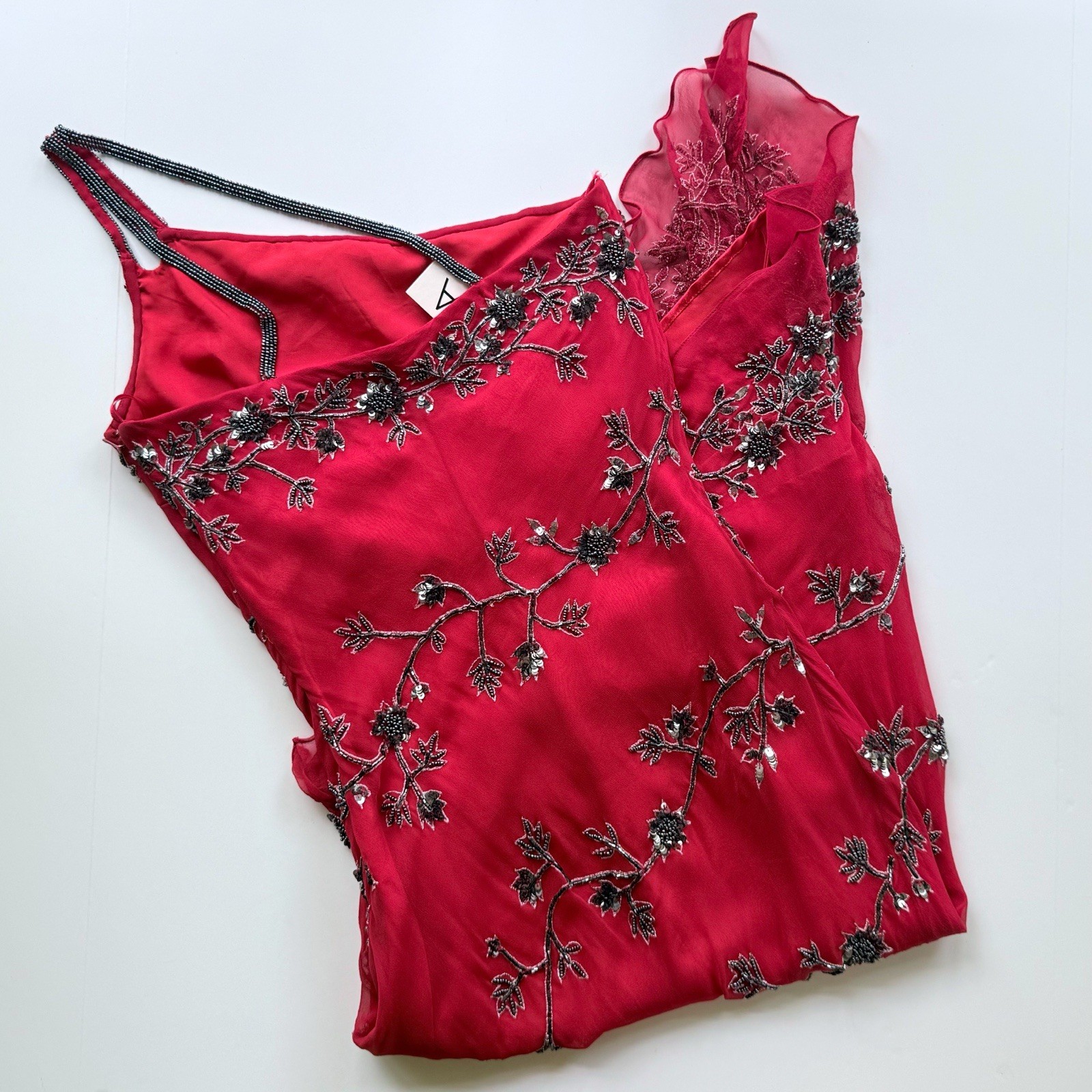 NWT Vintage Scala 1990s Red Silk One Shoulder Beaded Asymmetrical Midi Dress S