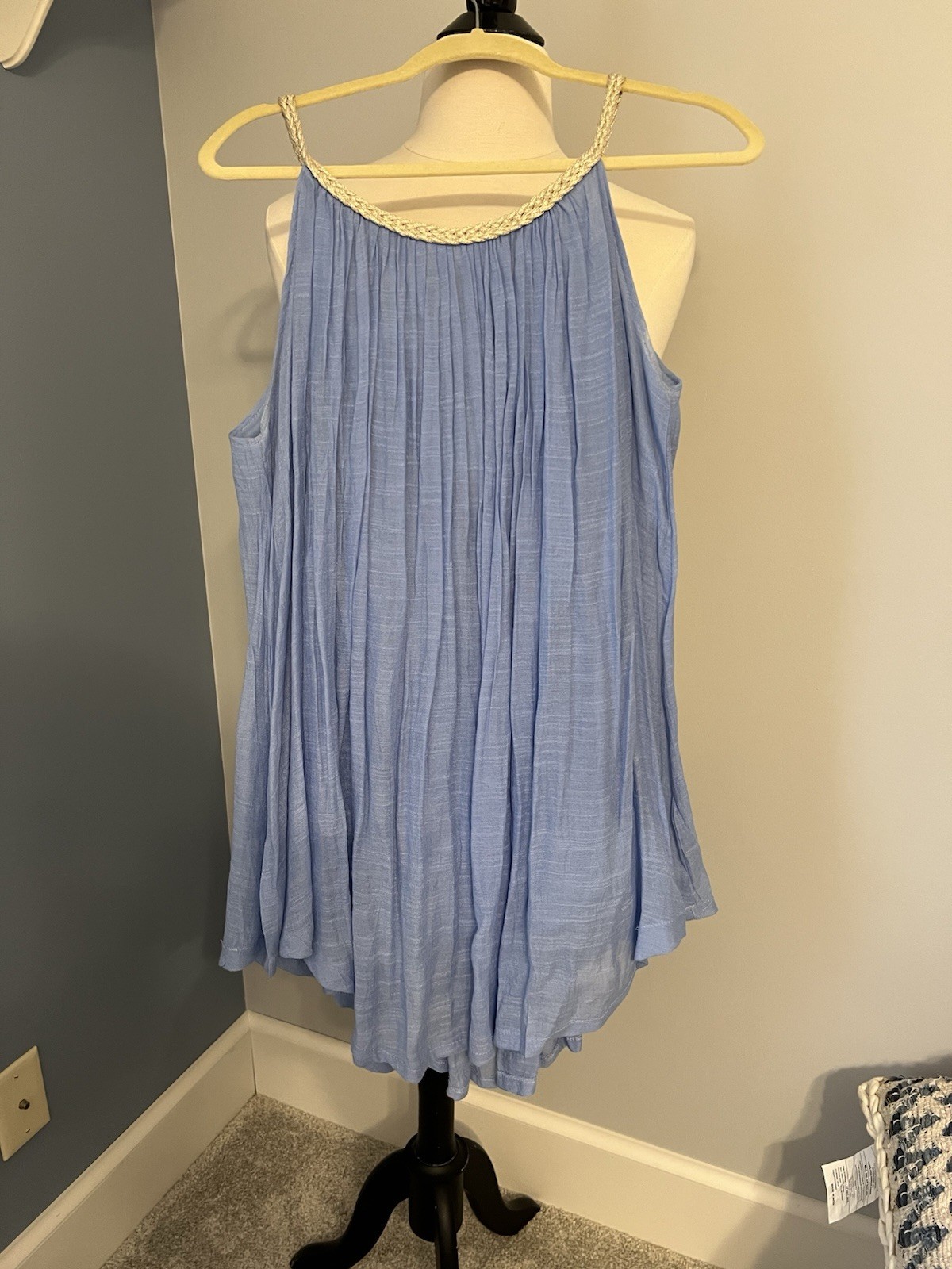Sand & Spirit Periwinkle BLue, Gold/White Trim Resort Wear Mini Dress, Size L