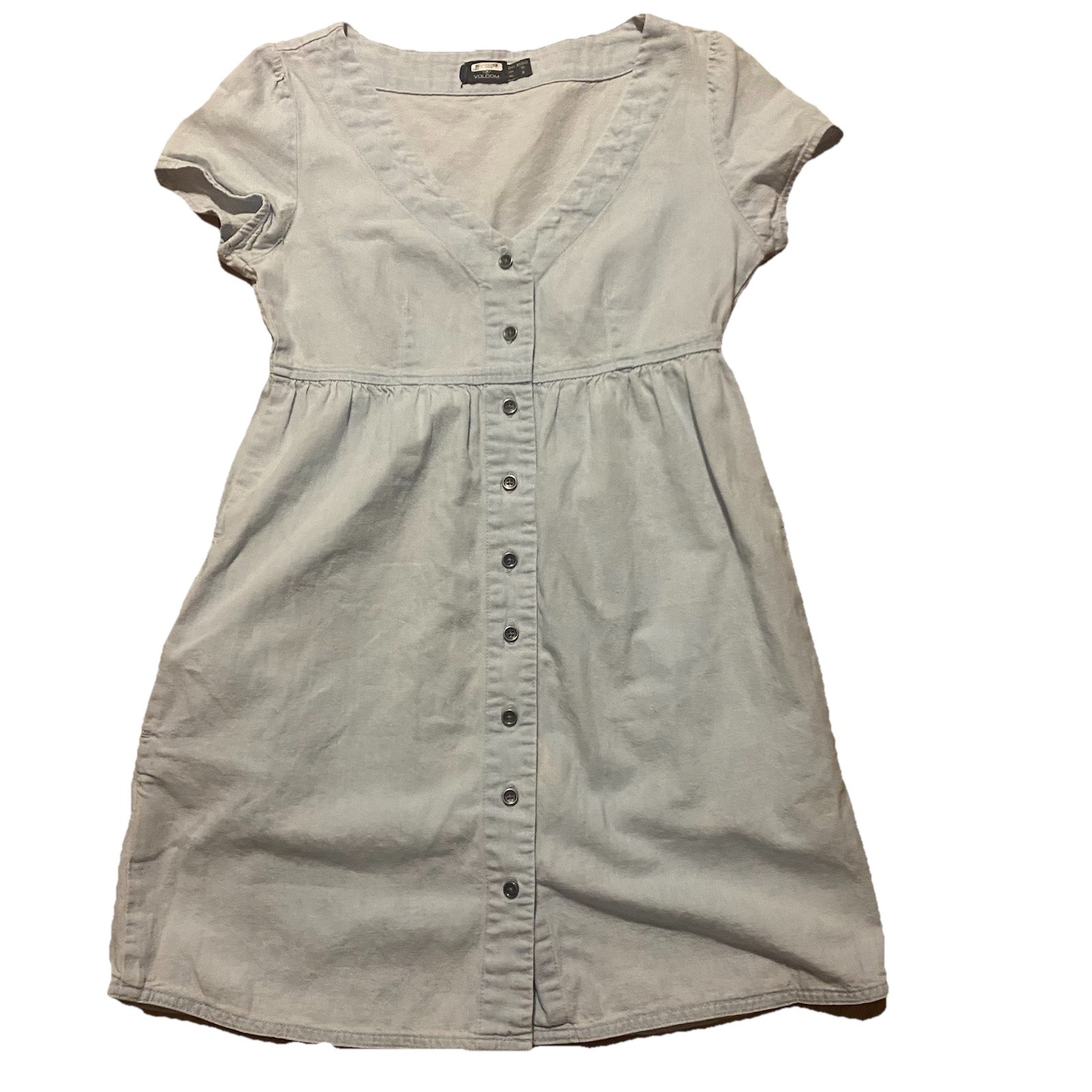 Volcom Mini Dress Blue Cotton Button Stone Logo Cap Sleeve Scene Skater Girl