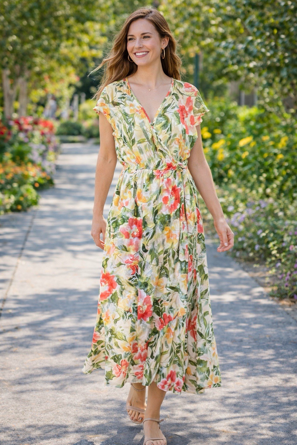 BOG Collective Dress Maxi Large Pockets Floral Faux Wrap Tie Neck Cottage Core
