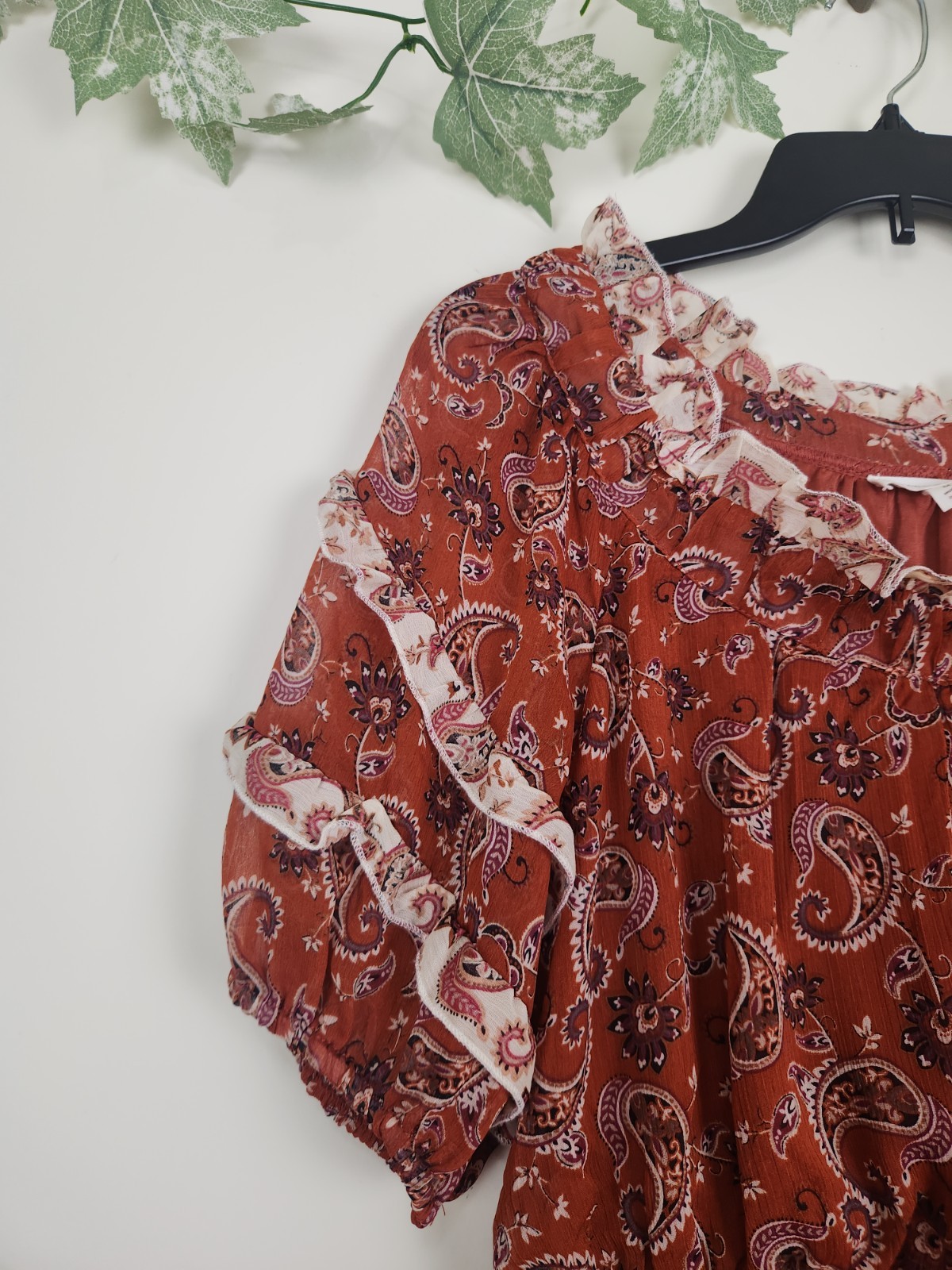 By The River Size M Rust Brown Paisley Floral Elastic Waist Boho Ruffle Dress