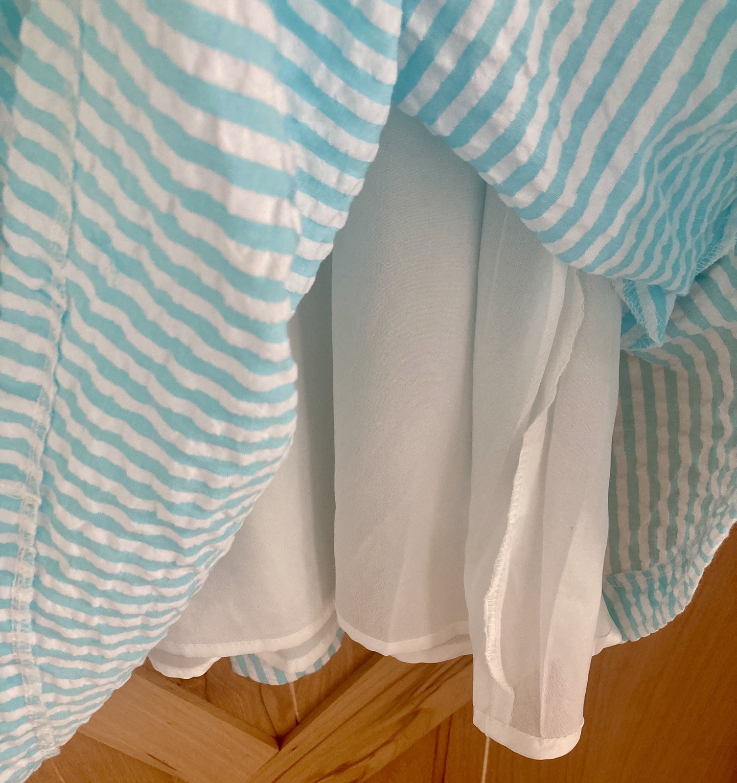 NWT Merci Aqua White Large Smock Ruffle Puff Sleeve Seersucker Dress Coastal