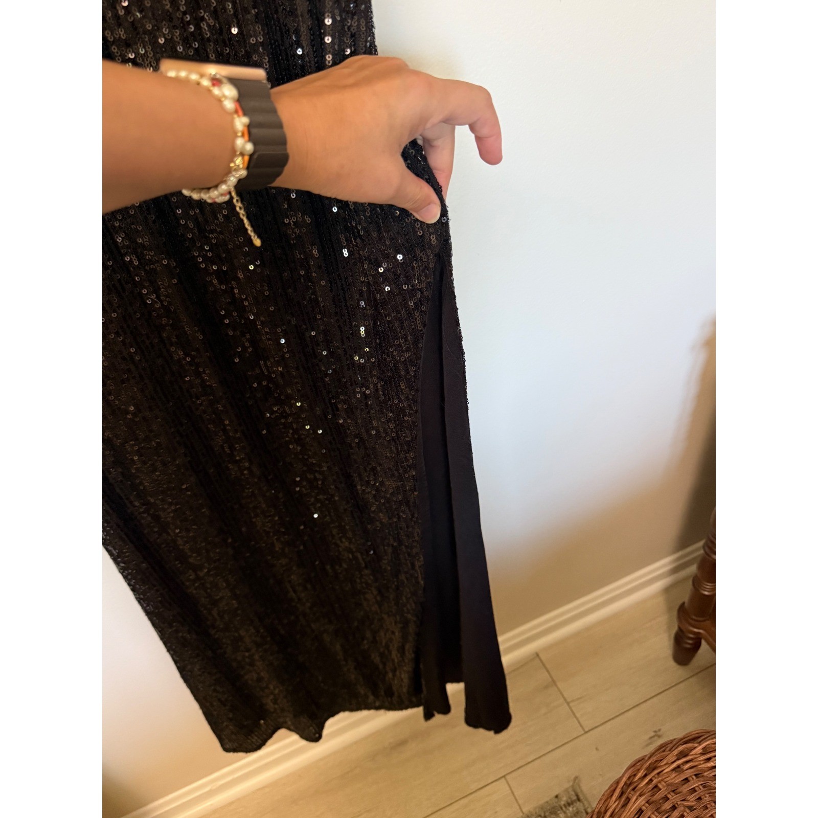 Black Sequin Long Sleeve Maxi Dress Shoulder Cut Out Side Slit Formal Gown