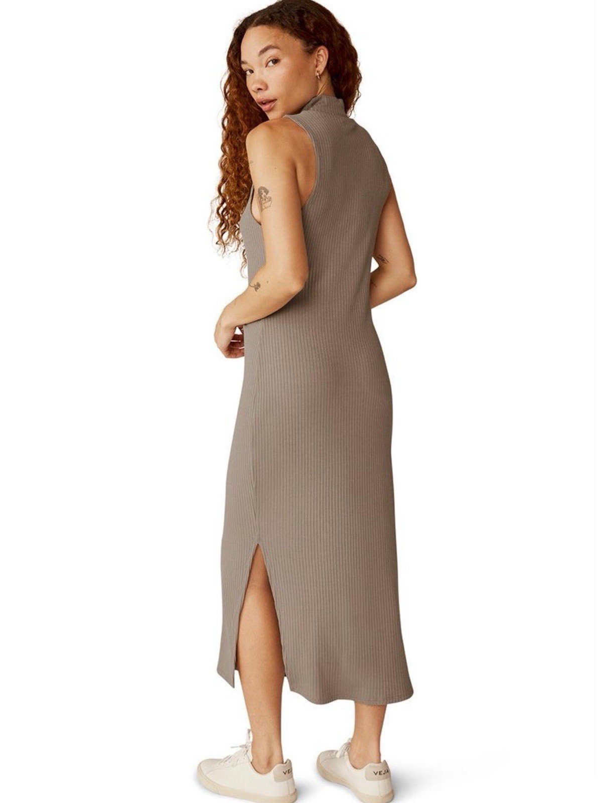Beyond Yoga Well Traveled Ribbed Mock Neck Sleeveless Midi Maxi Dress Taupe M