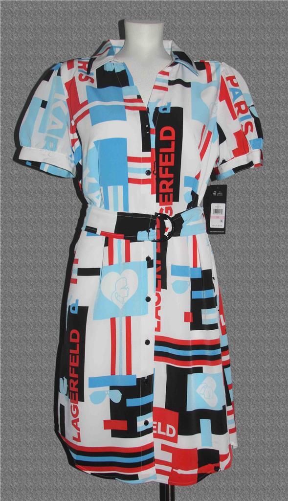 Karl Lagerfeld Sketch Logo Print Belted Button Lined Dress Wm’s 10 NWT $138 DISC