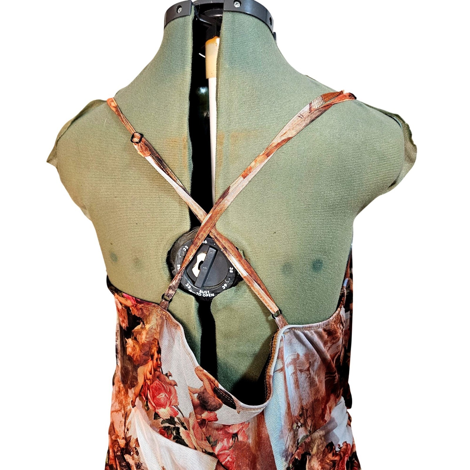 Woman’s Shien whimsy boho-chic cherub art print side ruche razerback midi dress