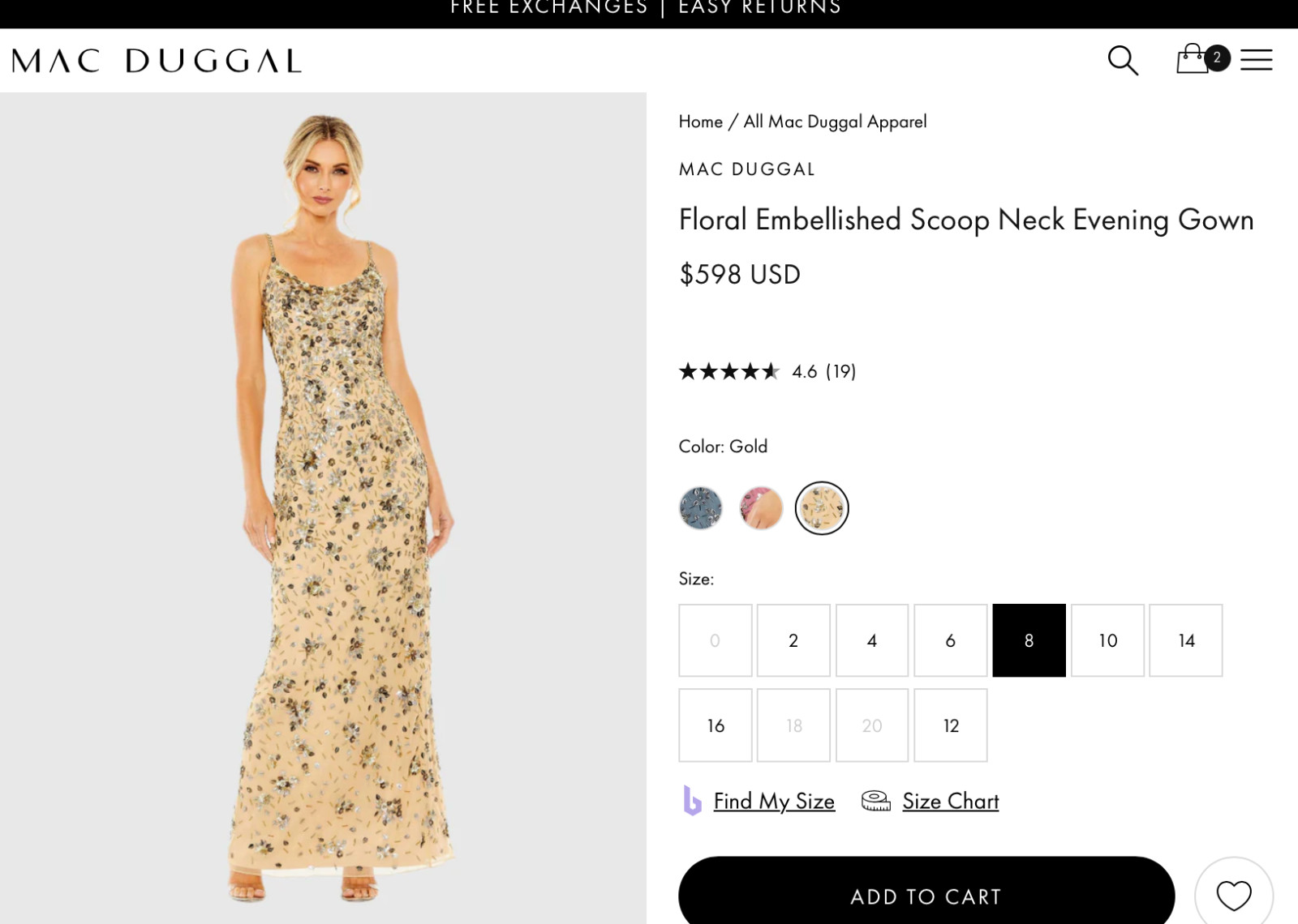 NWT Mac Duggal [ 8 ] 5477 Floral Embellished Scoop Neck Evening Gown Gold J1118
