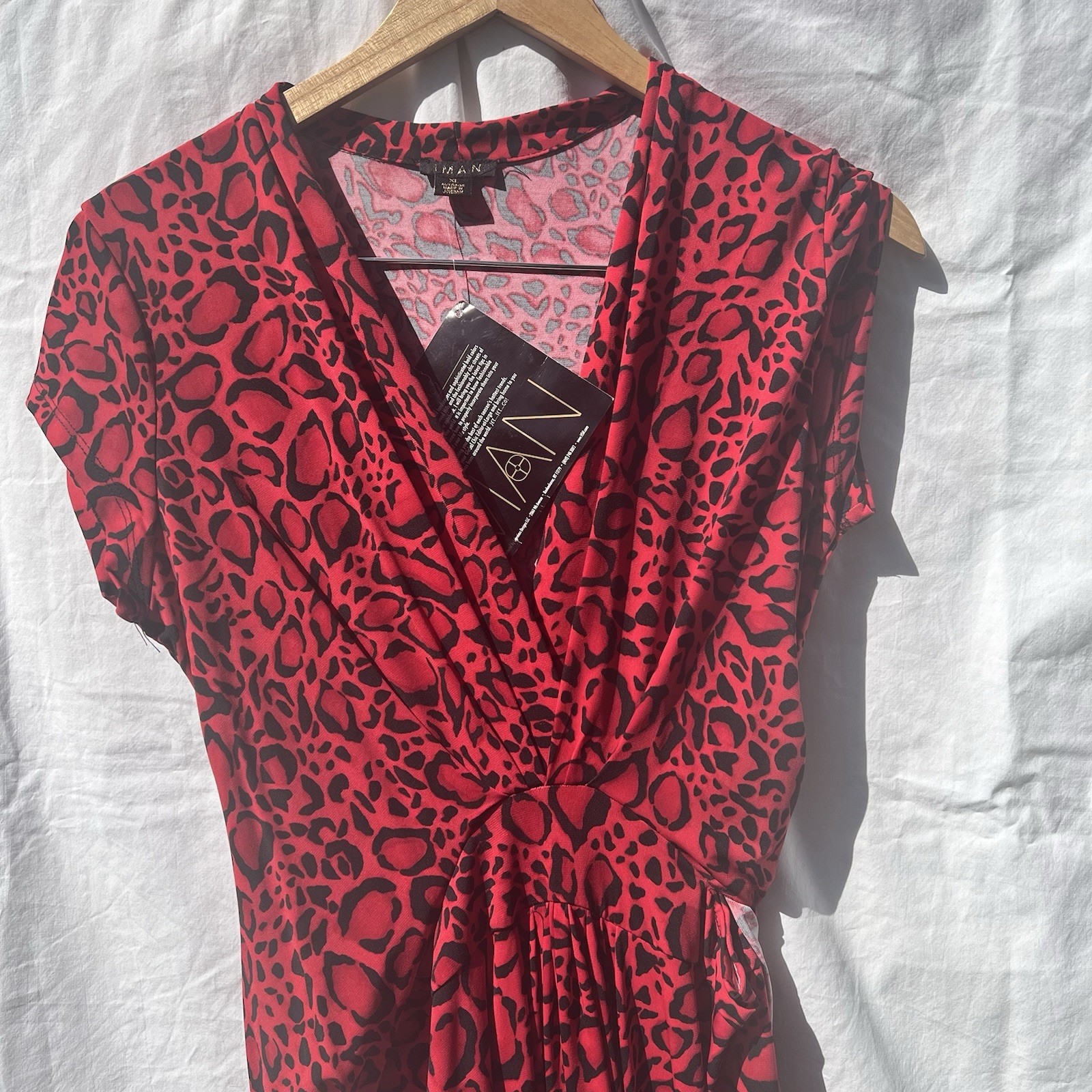 IMAN XL Red Black Leopard Animal Print High Low Maxi Faux Wrap Dress Exotic NWT