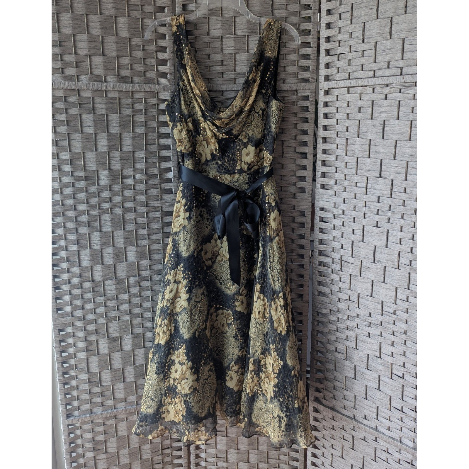 Vtg Y2K Midi Dress Black Gold Silk Floral Sequin Cowl Neck 12 Crinoline Tulle