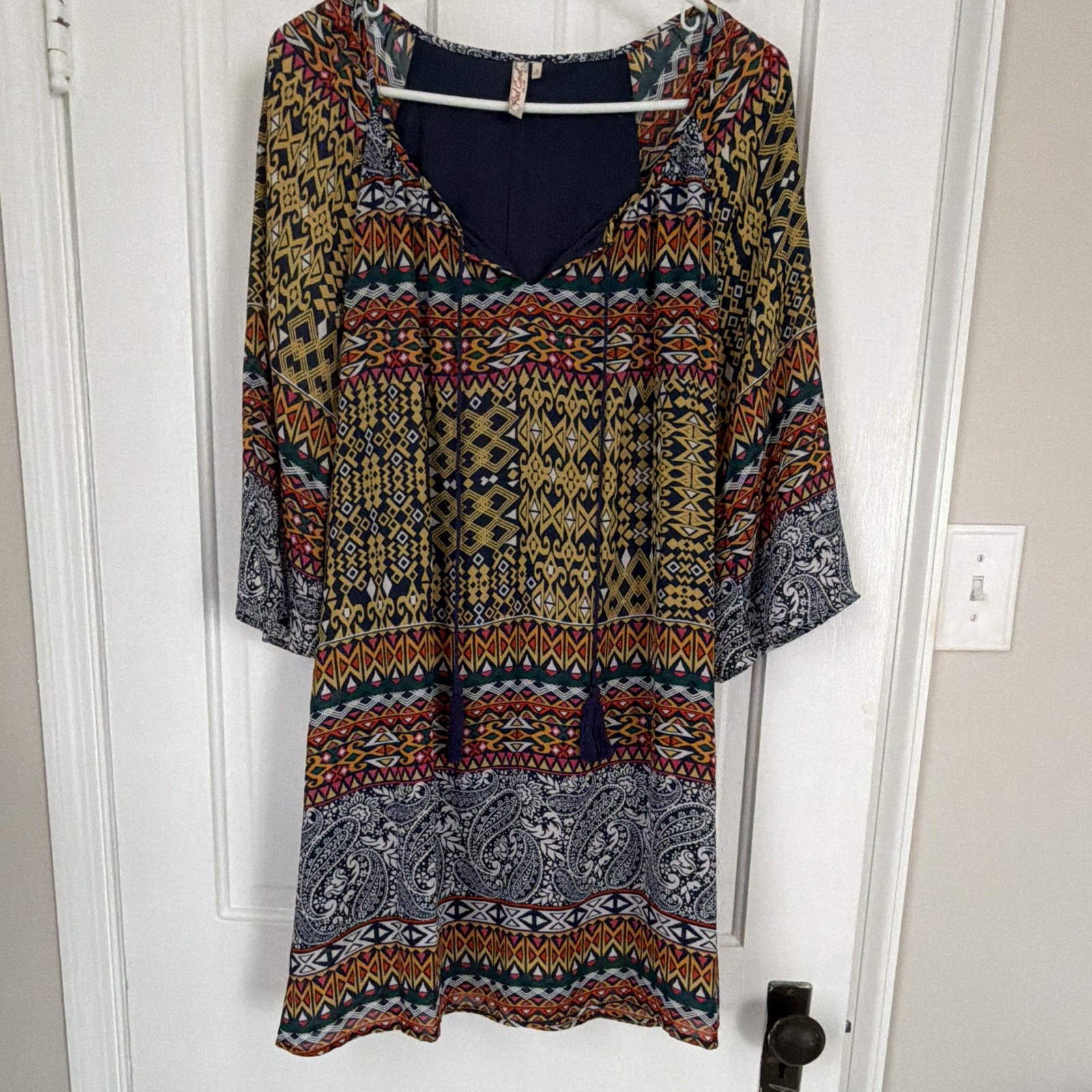 Red Camel Womens Tassel Dress Geometric V-Neck 3/4 Sleeve Knee Multicolor M