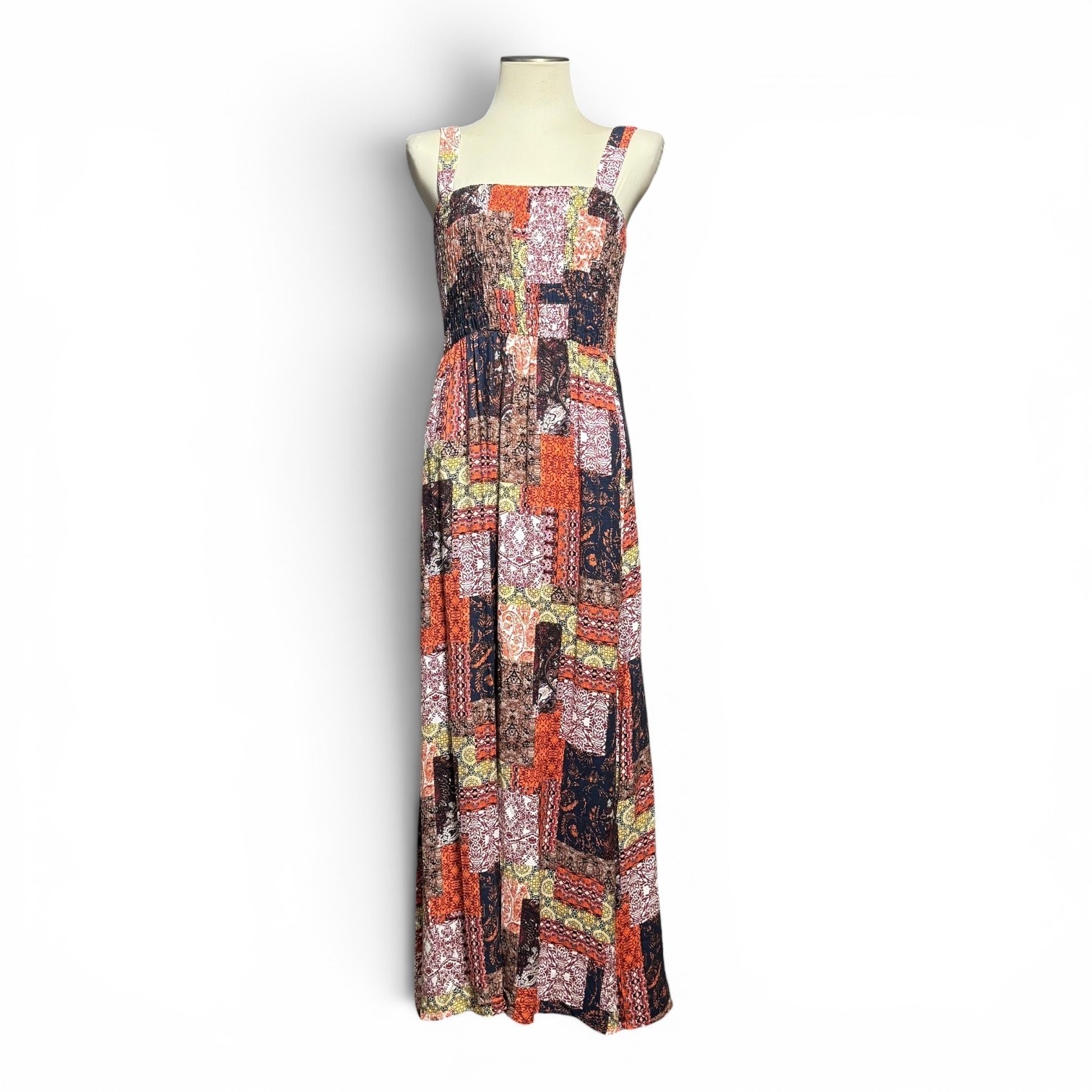 Promesa Patchwork Stretch Maxi Sundress Boho Blue Orange Yellow Floral Large