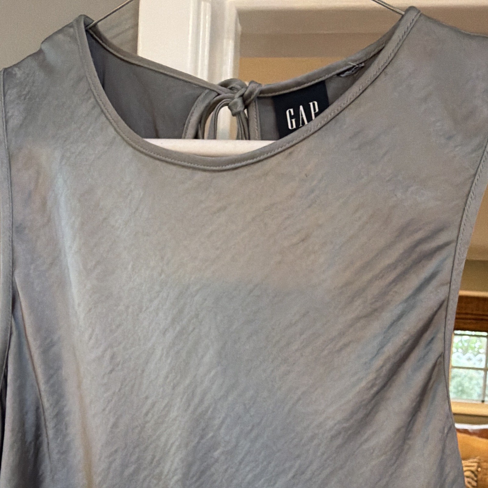 GAP Gray Solid Satin Maxi Long Dress S Scoop Neck Sleeveless Backless Tie Back