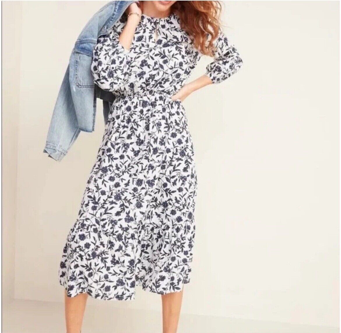Old navy women L Floral Print Defined Bracelet Sleeve Midi Dress White/Navy blue