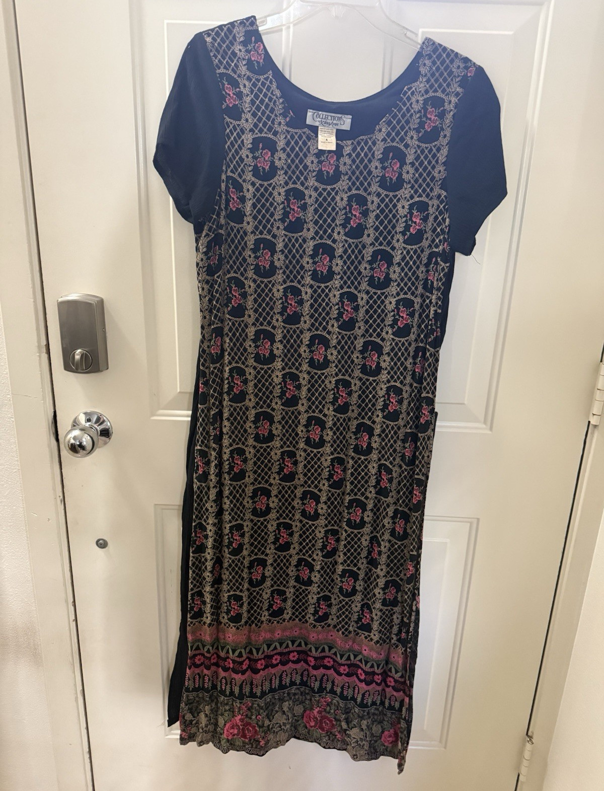 Vintage Collections by Inafinn Black Floral Shift Midi Dress Pockets Size M