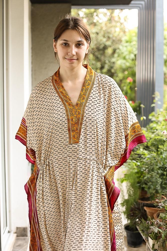Silk Beige Kaftan / Handmade Flowy Maxi Dress / Resort Wear Outfit PS MFN1059