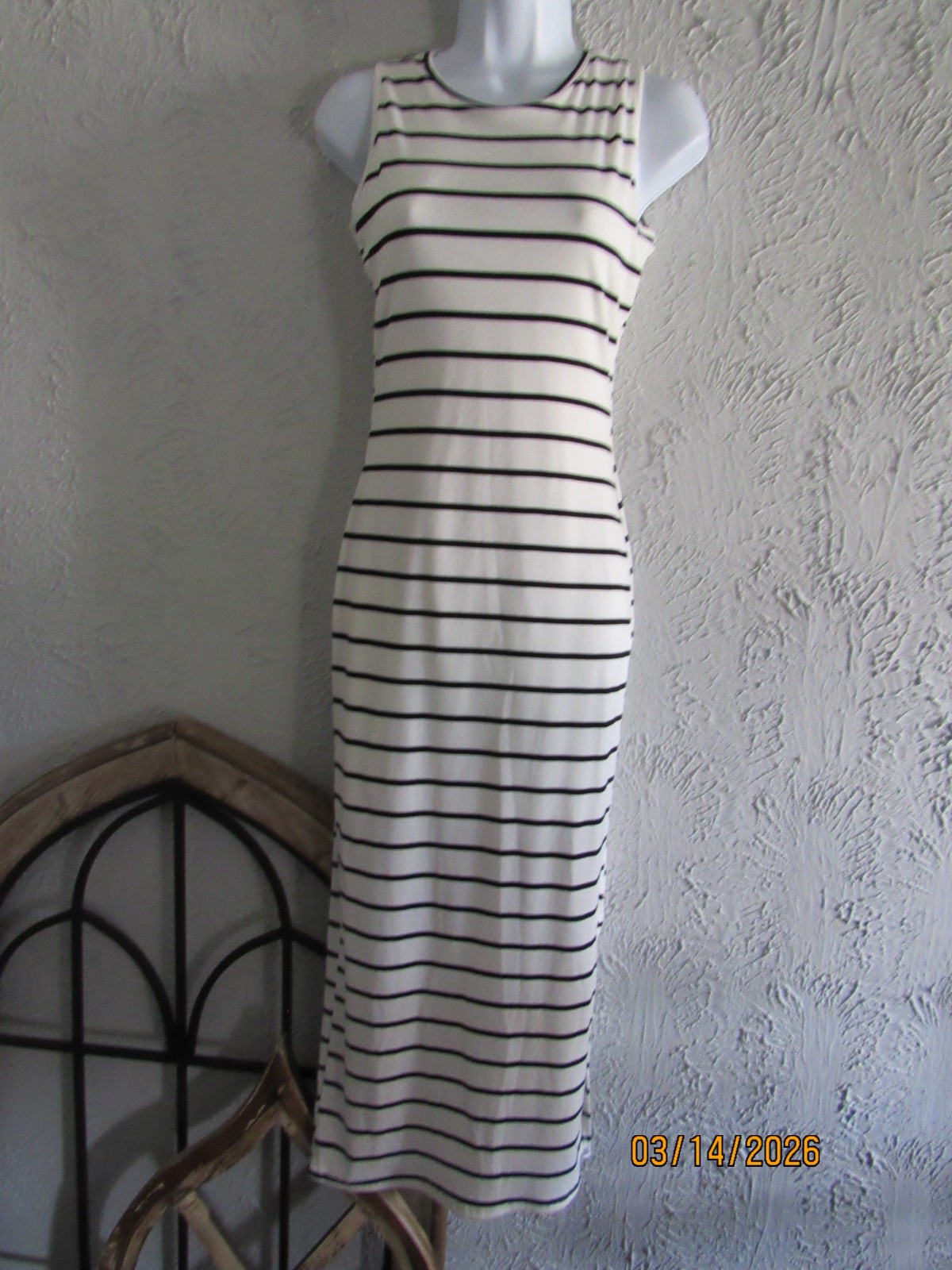 SYM nwt sz M black white stripe bodycon maxi dress poly blend knit sleeveless