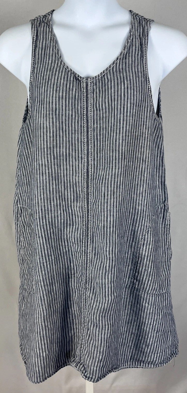 100% Linen Women’s XL Striped Sleeveless Tank Dress Blue White L Max Edition