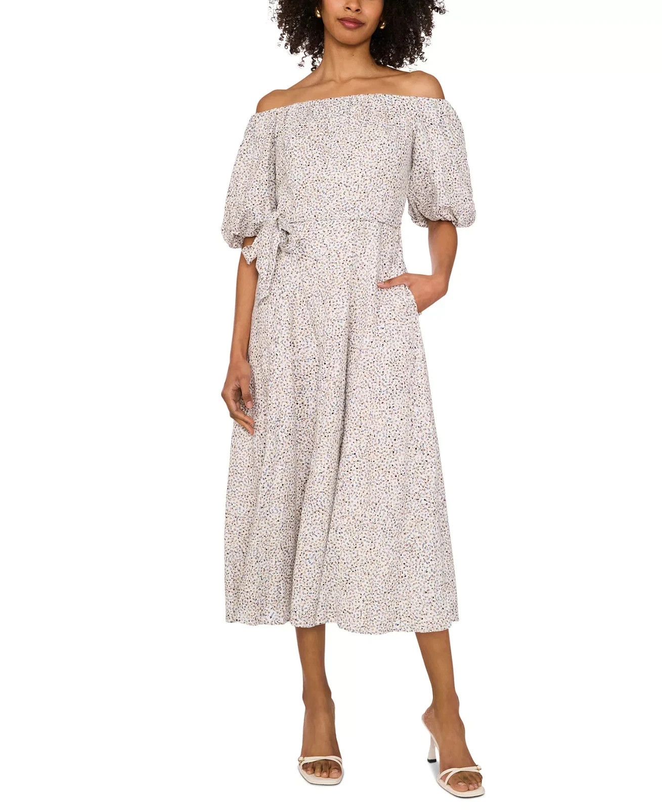 Vince Camuto Printed Linen-Blend Off-The-Shoulder Puff-Sleeve Midi Dress S $119