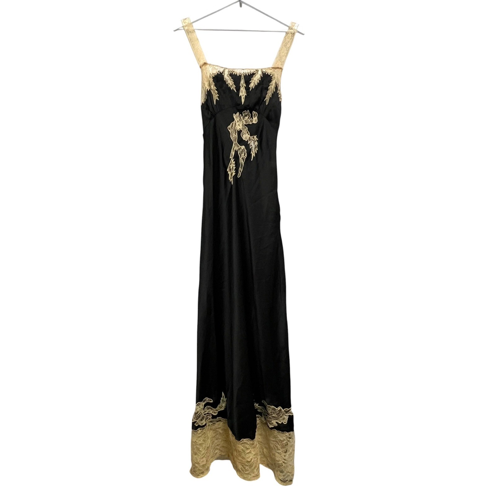 Nasty Gal Maxi Slip Nightgown2 Black Contrast Lace Applique Satin Goth Evening