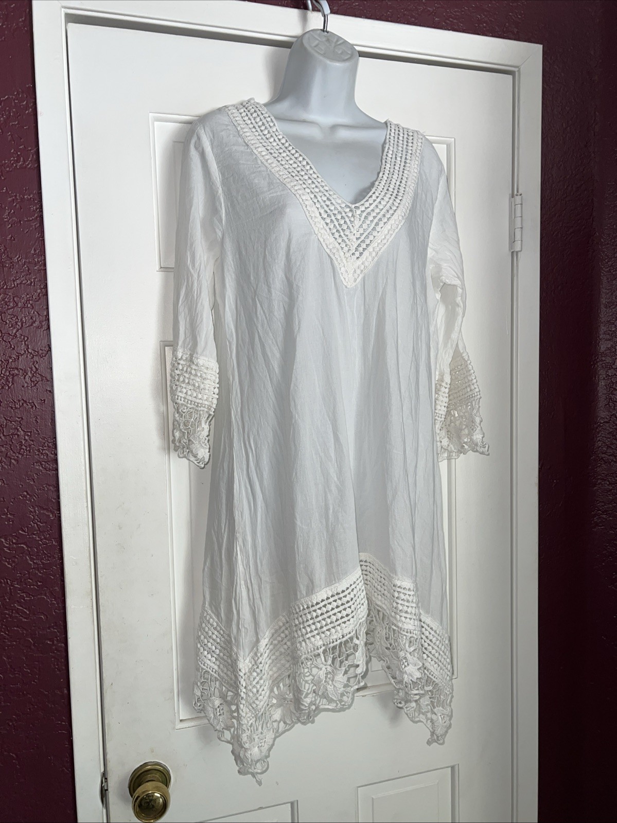 Cute Options White Boho Peasant Dress – Size M Crochet Cotton
