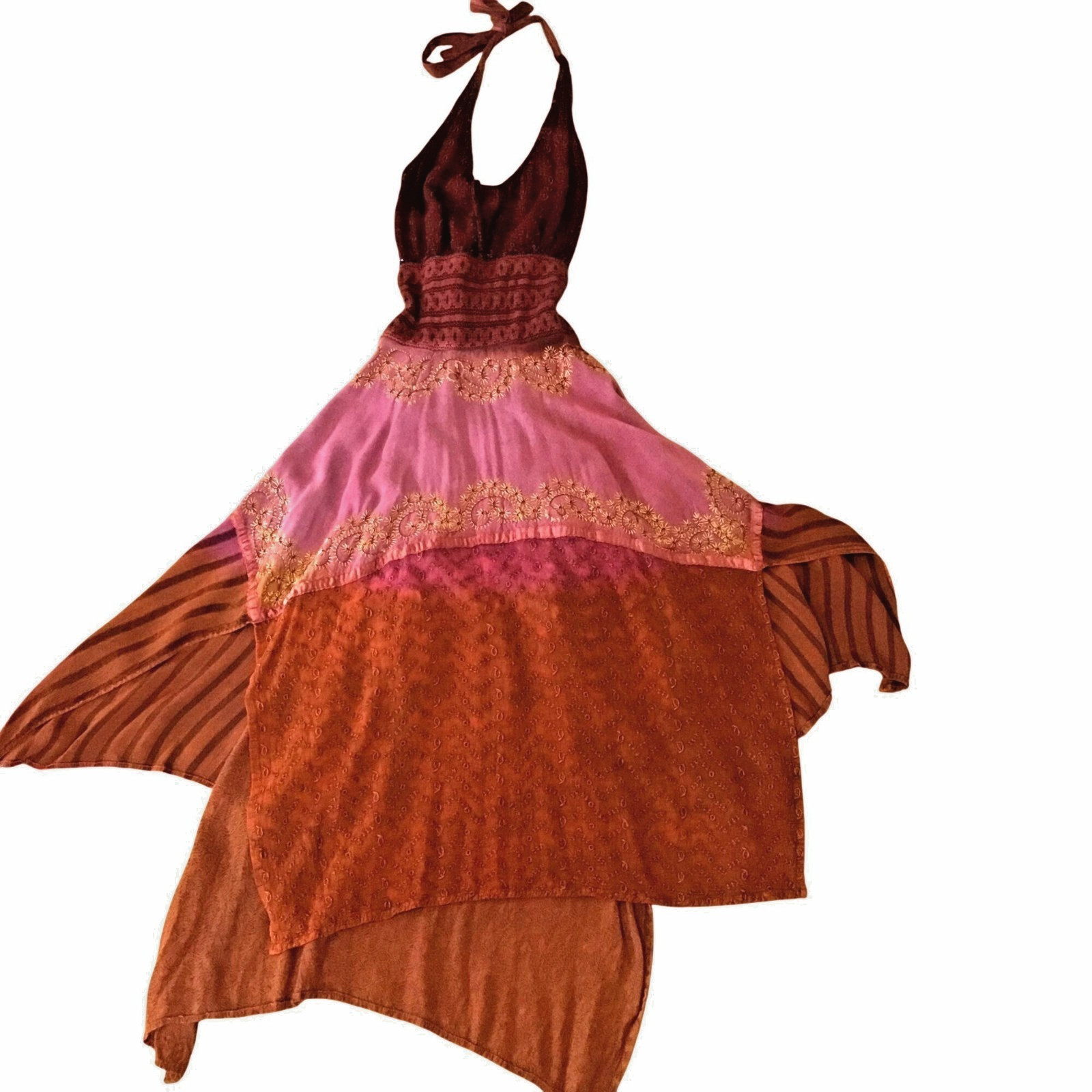 Boho Patchwork Halter Dress Sequin Embroidered Asymmetrical Handkerchief Hem S