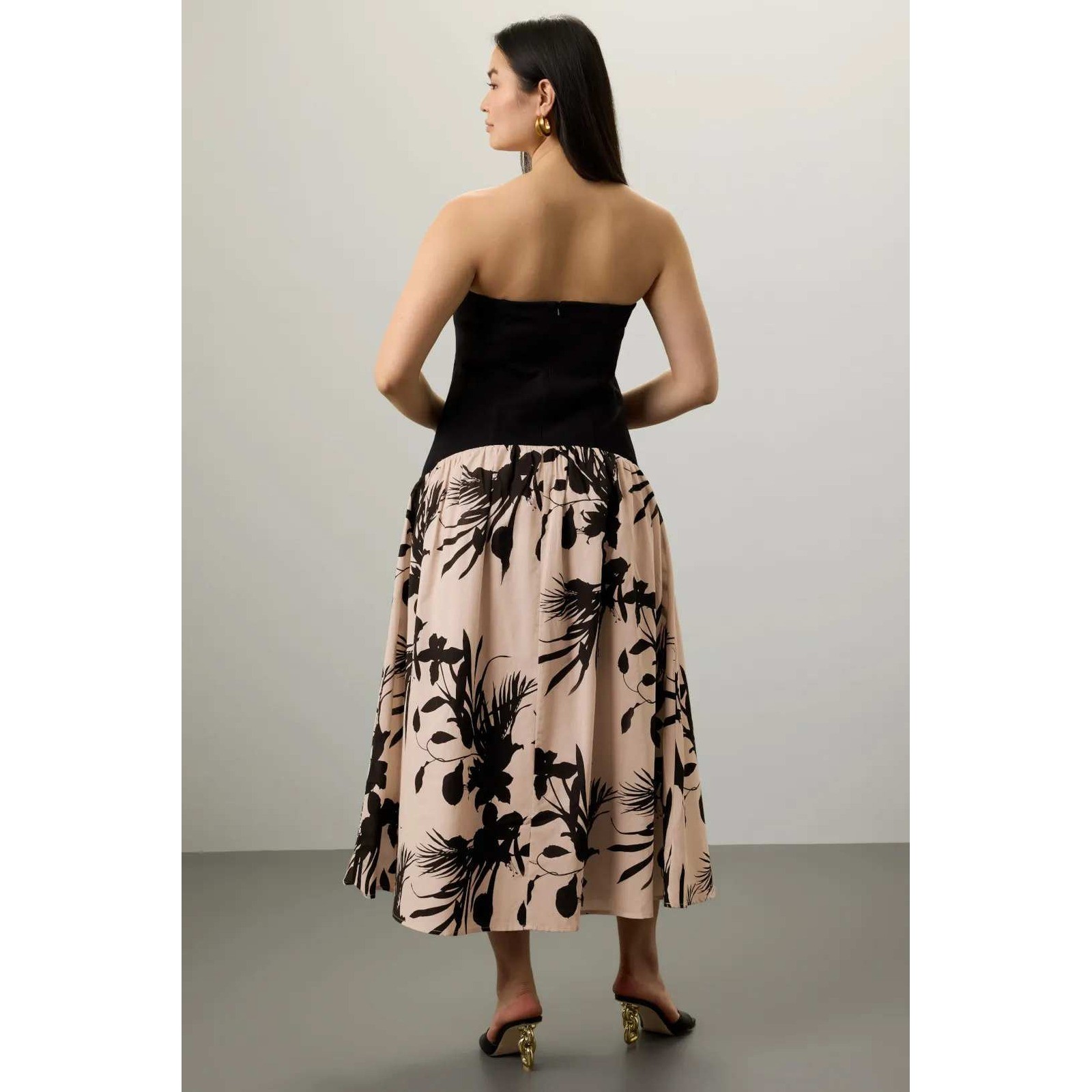 Love, Whit Strapless Drop Waist Dress Black Pink Floral Print Midi Sz XL