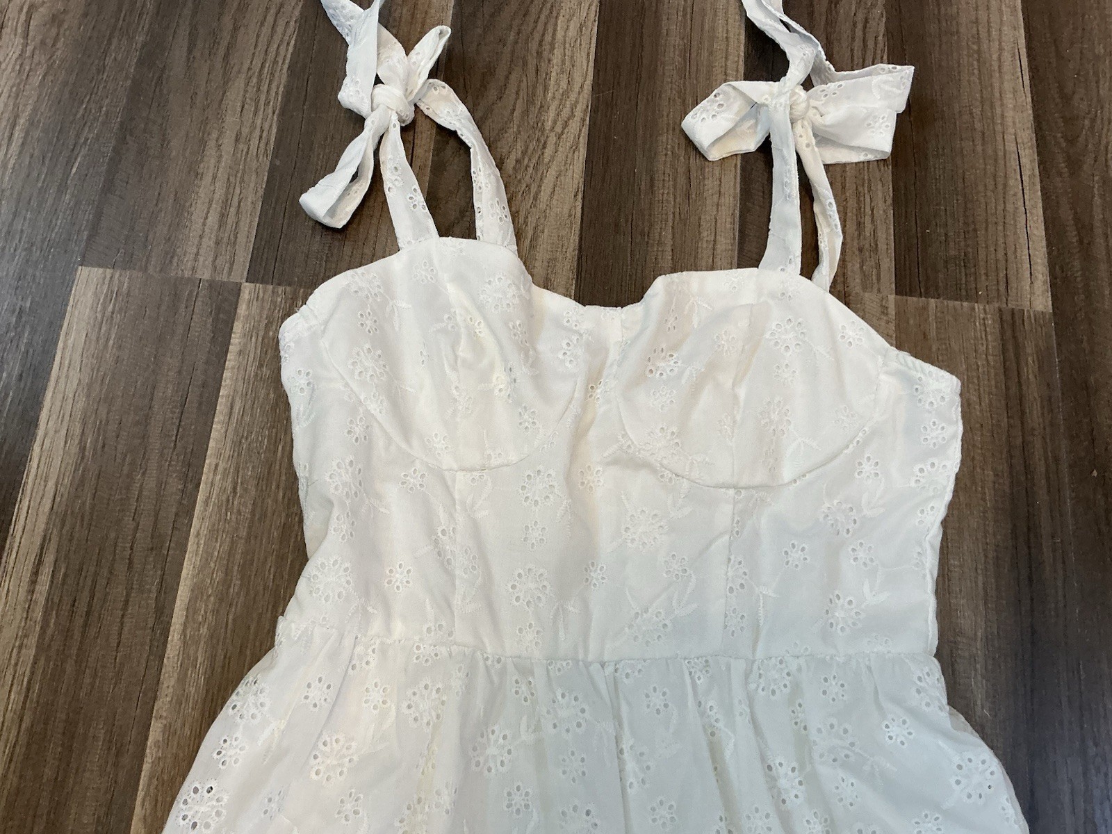 White Eyelet Ruffle Midi Sundress Tie Strap Corset M6 Coquette Boho Cottagecore