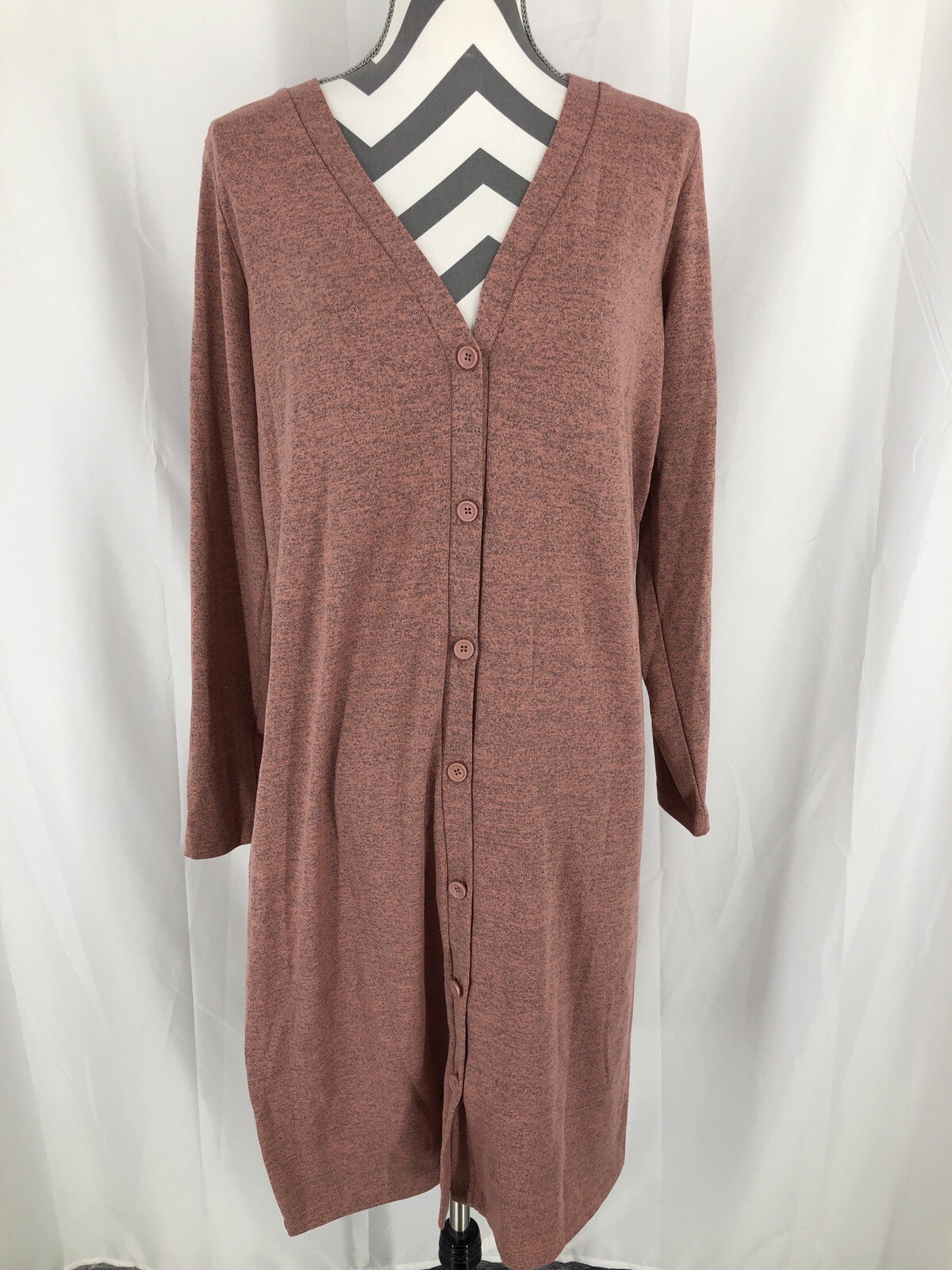 Denim & Co. Pink Heathered Gray Button Front Sweater Dress A280669 Medium