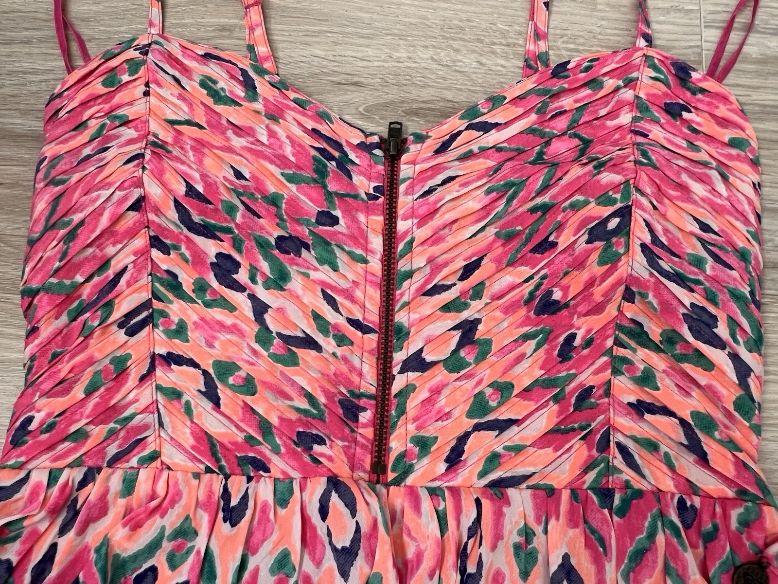 Roxy “A Shore Thing” Pintucked Front Zip Smocked Dress Small Resort Beach Party