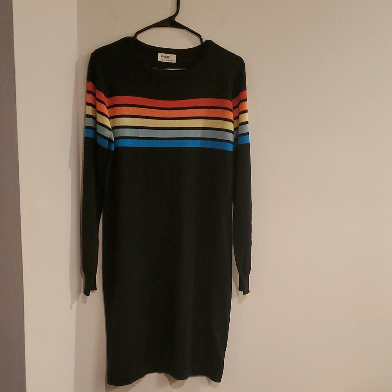 Sugarhill Brighton Sweater Dress Size 10 Black Long Sleeve Dress w/Retro Stripes