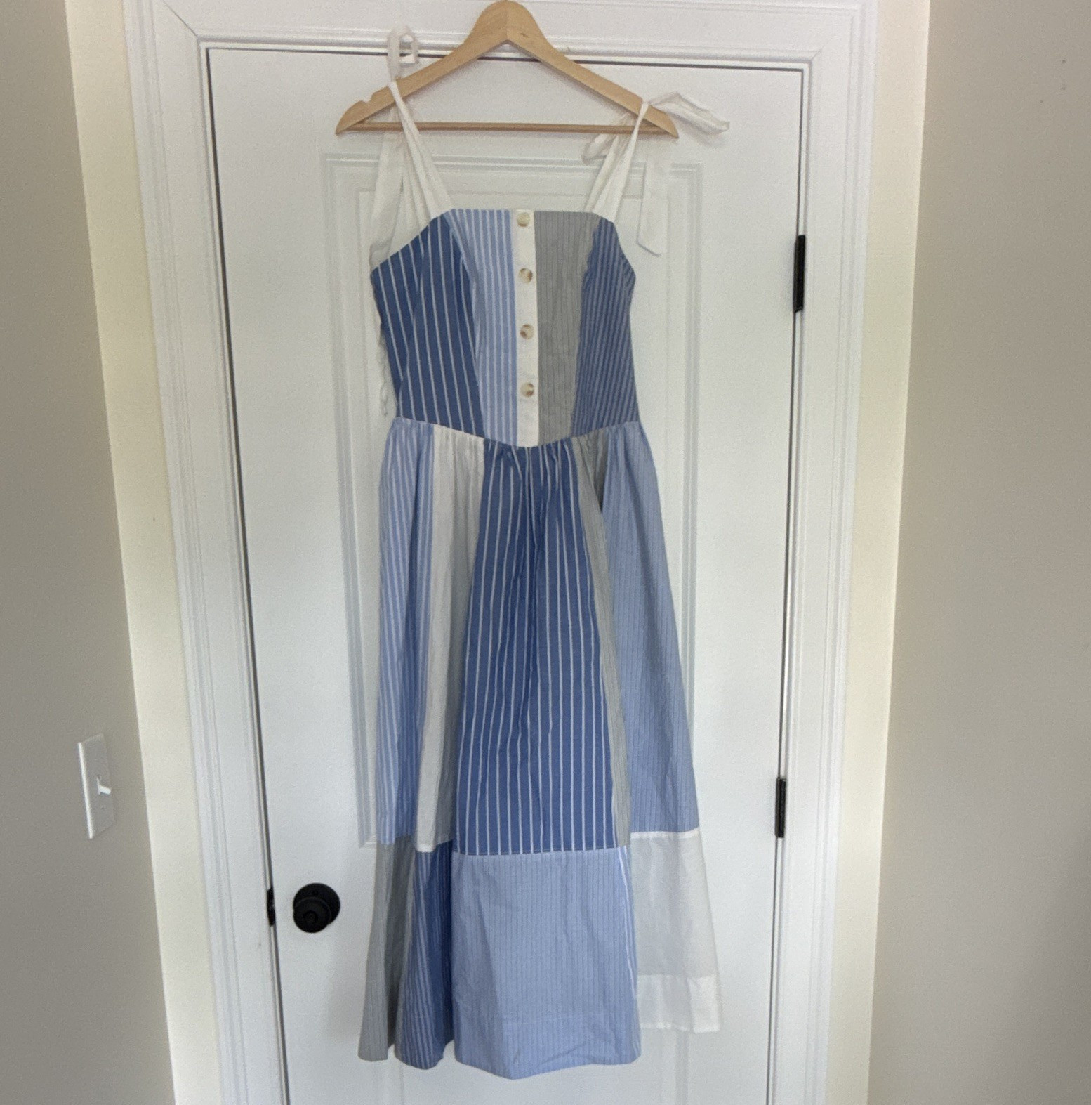 Freshwater Blue White Gray Striped Square Neck Button Front Midi Sundress S