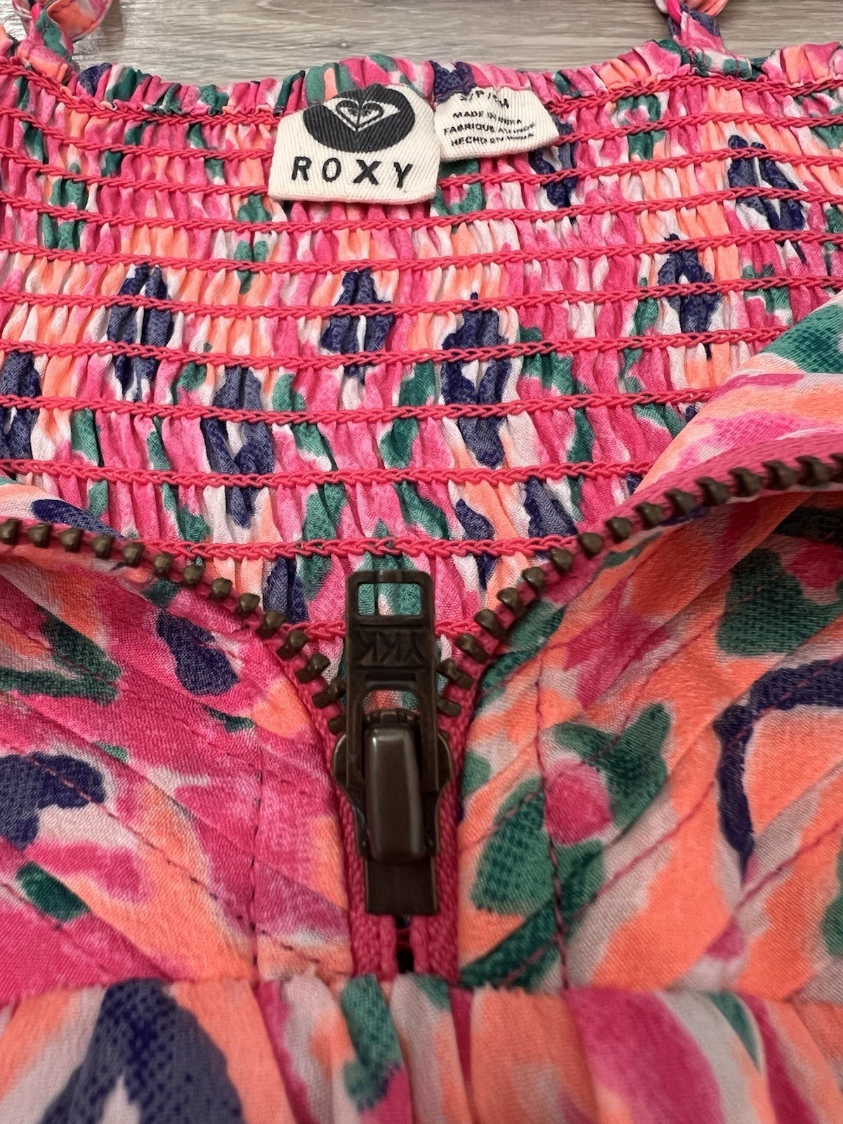 Roxy “A Shore Thing” Pintucked Front Zip Smocked Dress Small Resort Beach Party