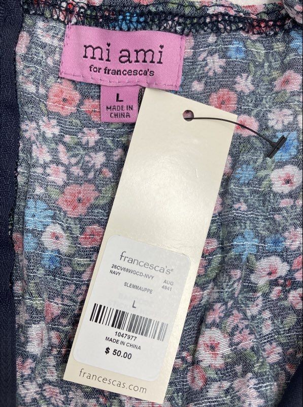 Mi Ami Francesca’s Womens Navy Floral Mini Dress Ruffle Spaghetti Strap NWT Sz L