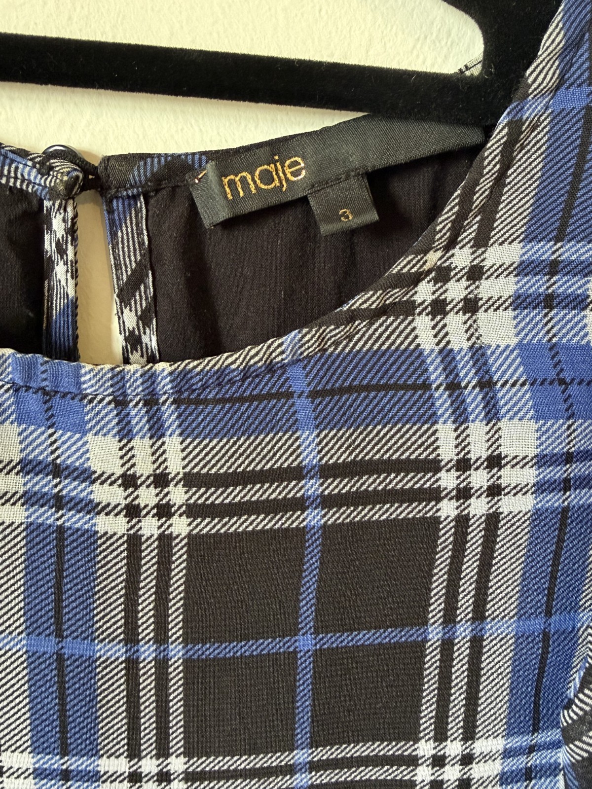 Maje Side-Ruched Plaid Tartan Blue and Navy Long Dress Ruffle UK size 10
