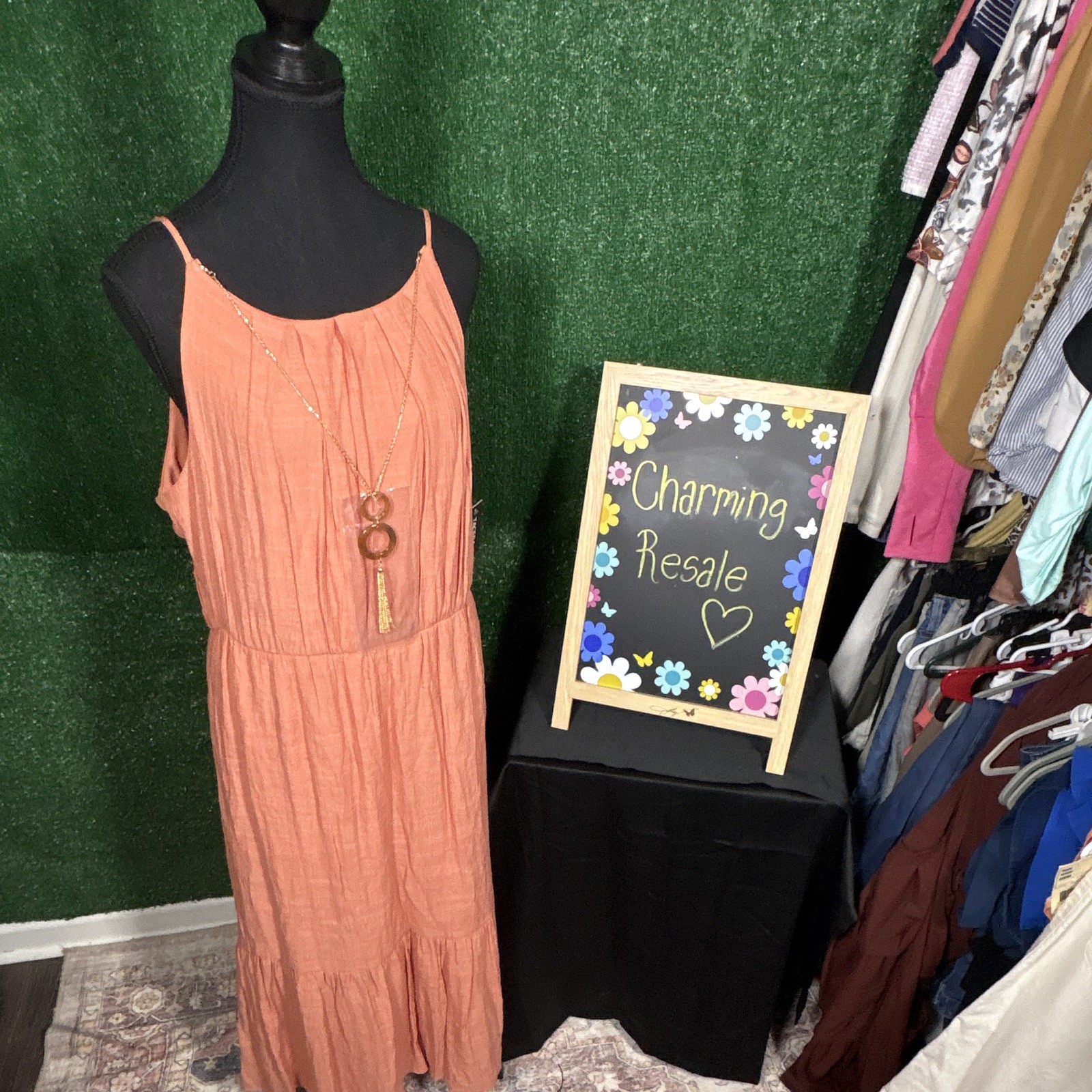 TACERA Women’s L Sundress Orange Solid Scoop Neck Spaghetti Strap Midi Tiered