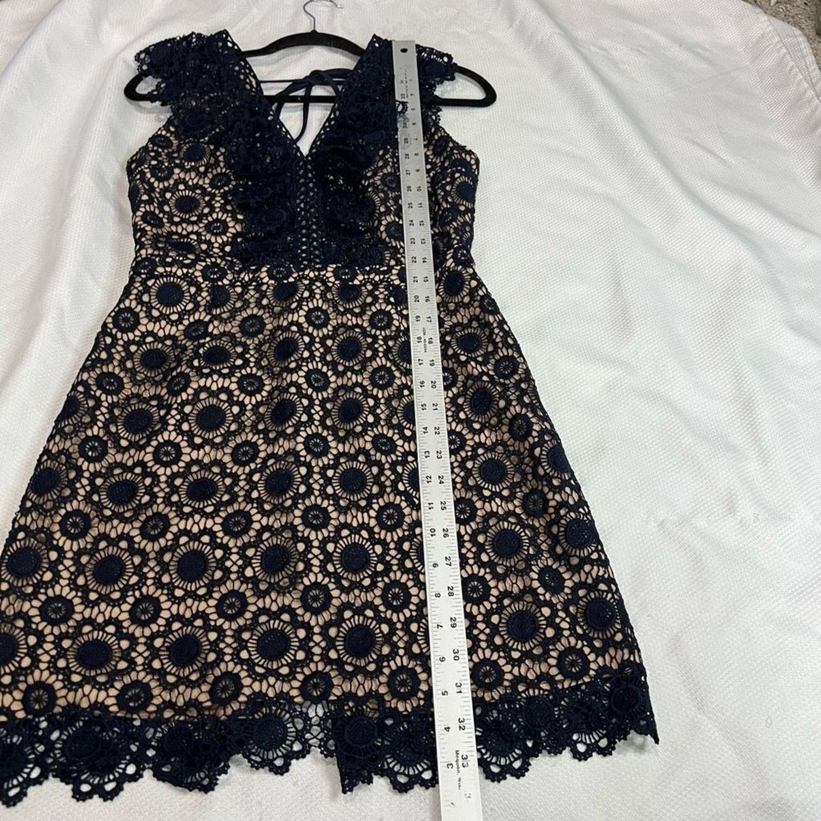 J.O.A. Navy Blue Tan Crochet‎ Lace Open Back Dress Womens M