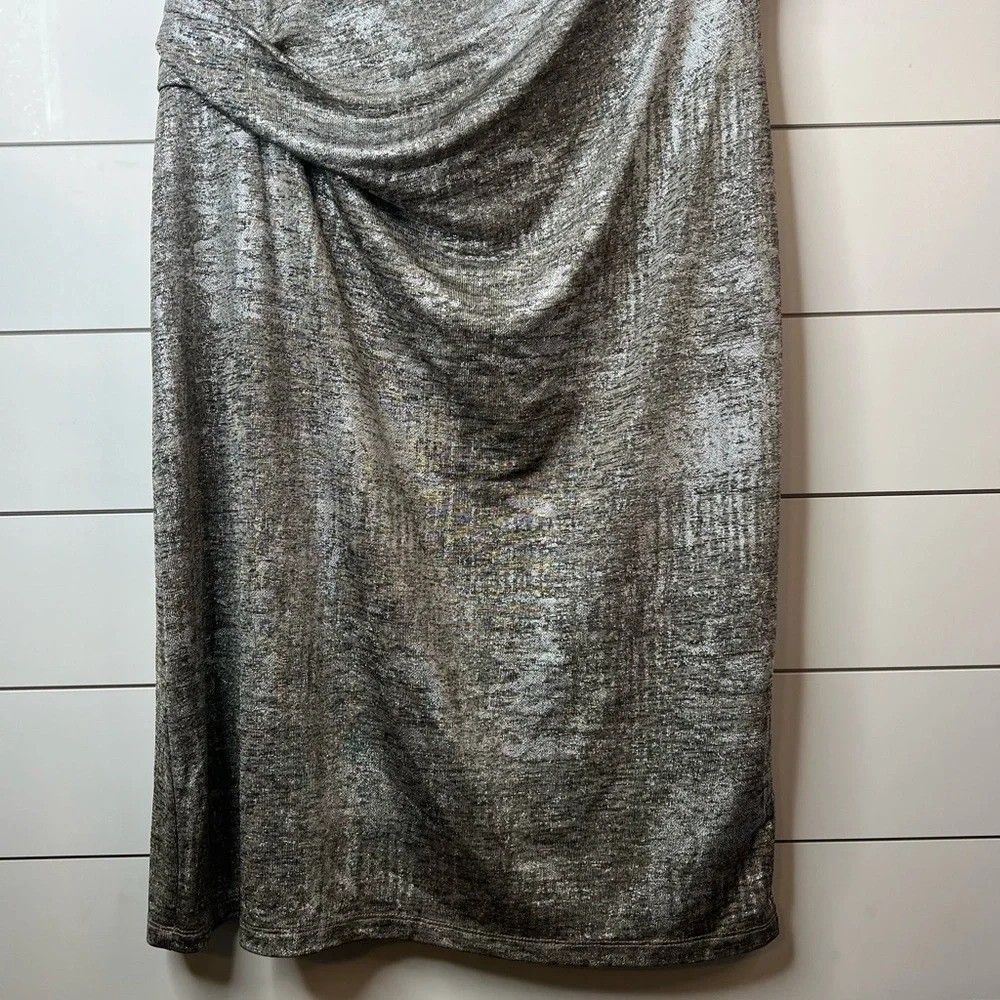 Scarlett Shimmery Silver Cinched Waist Drape Neck Fully Lined Dress. Size 12.