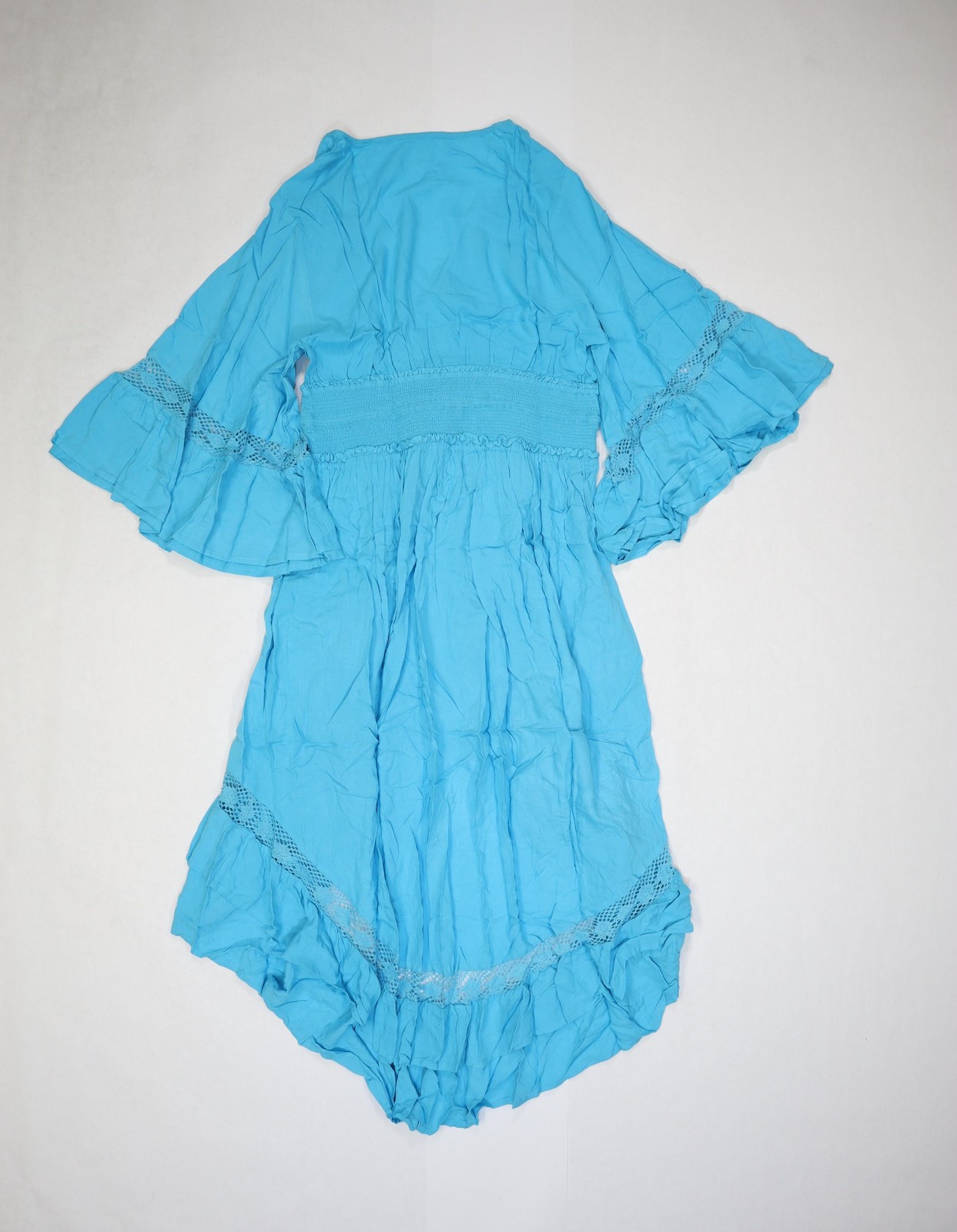 VENUS Dress Womens Large Blue Boho Crochet Bell Sleeve High Low Ruffle V Neck