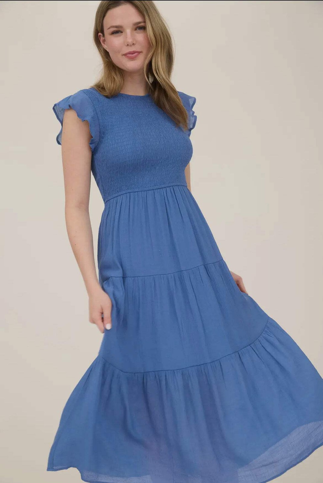 Blue Pepper Dusty Blue Smocked Tiered Midi Tiered Dress