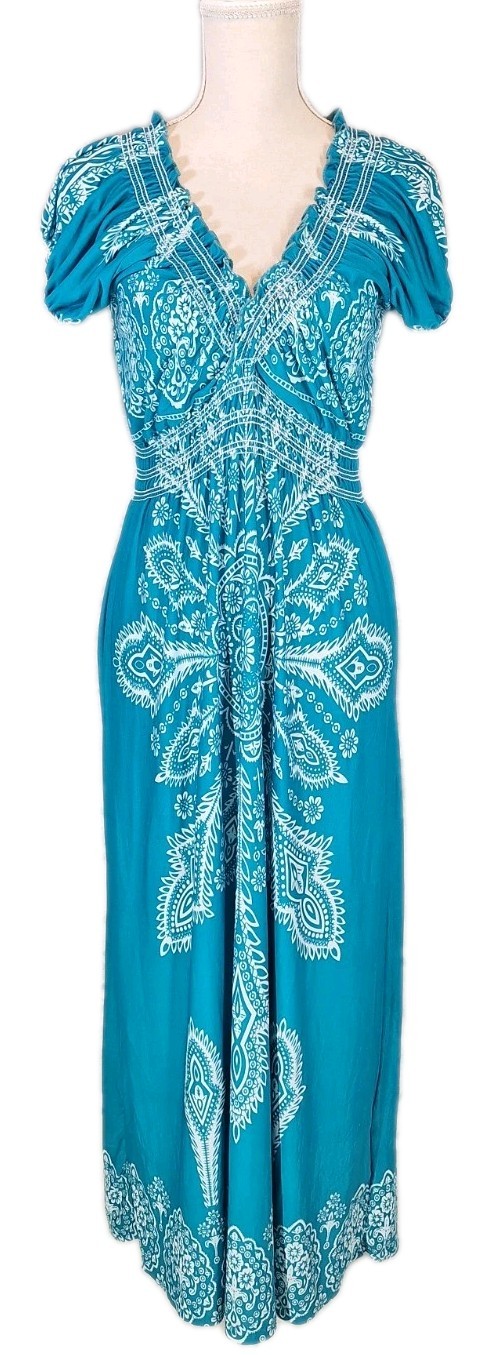 JESSICA TAYLOR NYC 1X Slinky Maxi Dress V-Neck Smocked Waist Paisley White/Teal