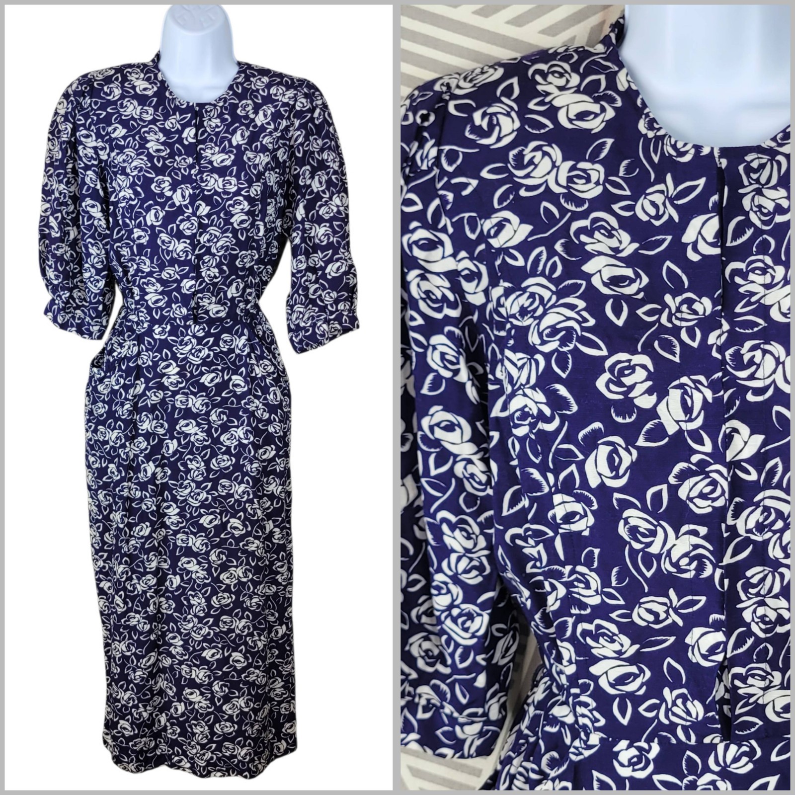 Vintage Floral Shirt Dress 6 8 Midi Alt Cottagecore Navy Pockets Button Front